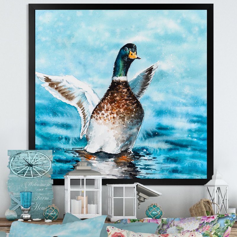 Canard colvert étirant ses ailes - sur, H 16 po x l 16 po x P 1 po, Impression noire sur toile encadrée