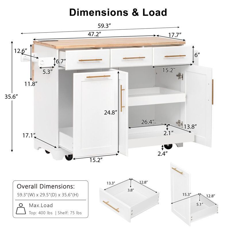 59.3" Rolling Kitchen Island With Rubber Wood Drop Leaf, 2 Pull-Out Organizers, Trash Can Storage, Power Outlet, Spice & Towel Rack For Kitchen & Dining