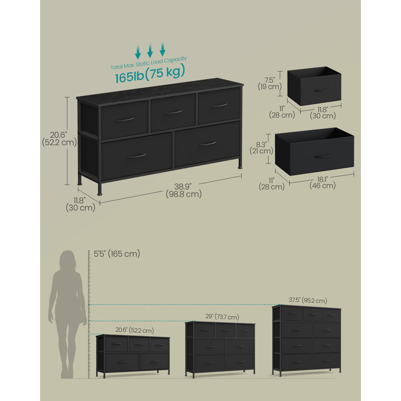 Dresser For Bedroom, Chest Of Drawers, TV Stand, Steel, MDF, 5 Non-Woven Fabric Drawers, Storage Organizer Unit, Closet, Entryway