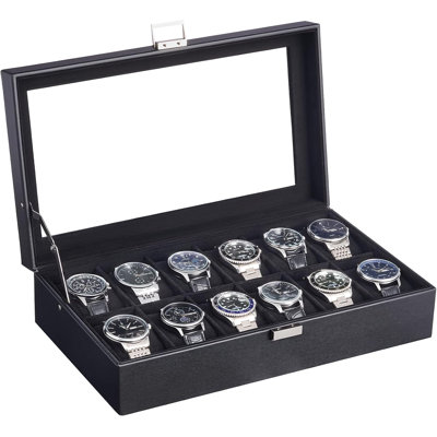 Coffret de montres pour hommes, boîte de présentation à 12 emplacements avec grand couvercle en verre