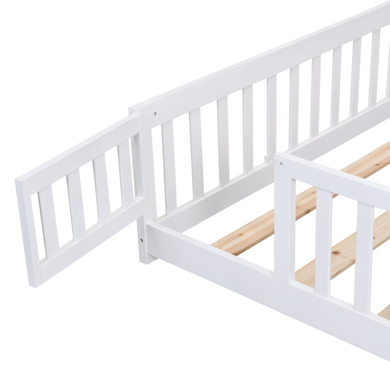 Floor Bed With Door,Solid Wood Platform Bed Frame With Fence,Suitable For Children,Pine Wood, White, Twin