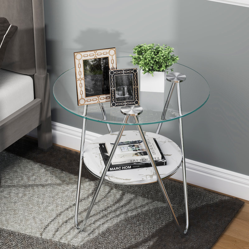 Table d'appoint ronde, table de bout en verre avec tablettes de rangement, Chrome