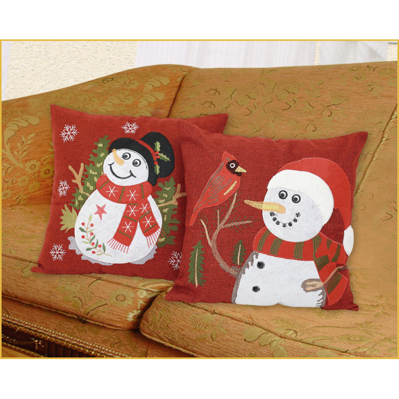 Festive Red Embroidered Snowman Christmas Throw Pillow