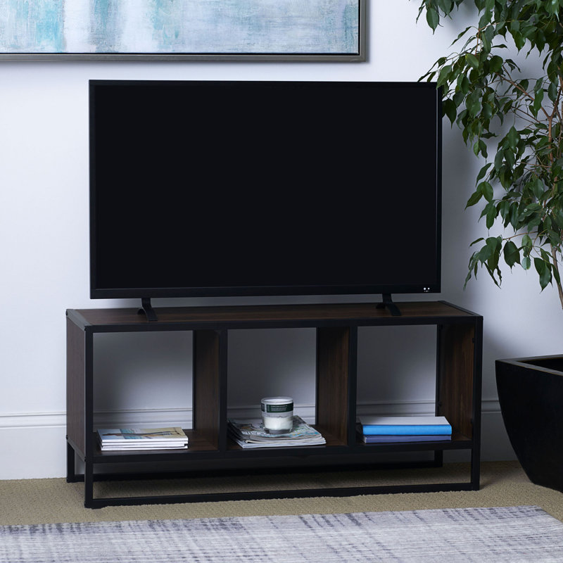 Jamestown Square Cubby TV Stand in Walnut Wood Grain with Black Iron, Brown, Black