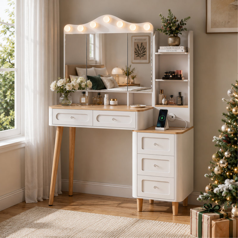 Make up Vanity Desk With LED Lights Mirror and USB Rechargeable, Dressing Makeup Table with 5 Drawers, White