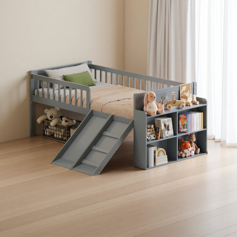 Structure de lit simple avec tablette de rangement, structure de lit en bois avec glissière et échelle, lit plateforme simple avec garde-corps, aucun sommier requis, assemblage facile