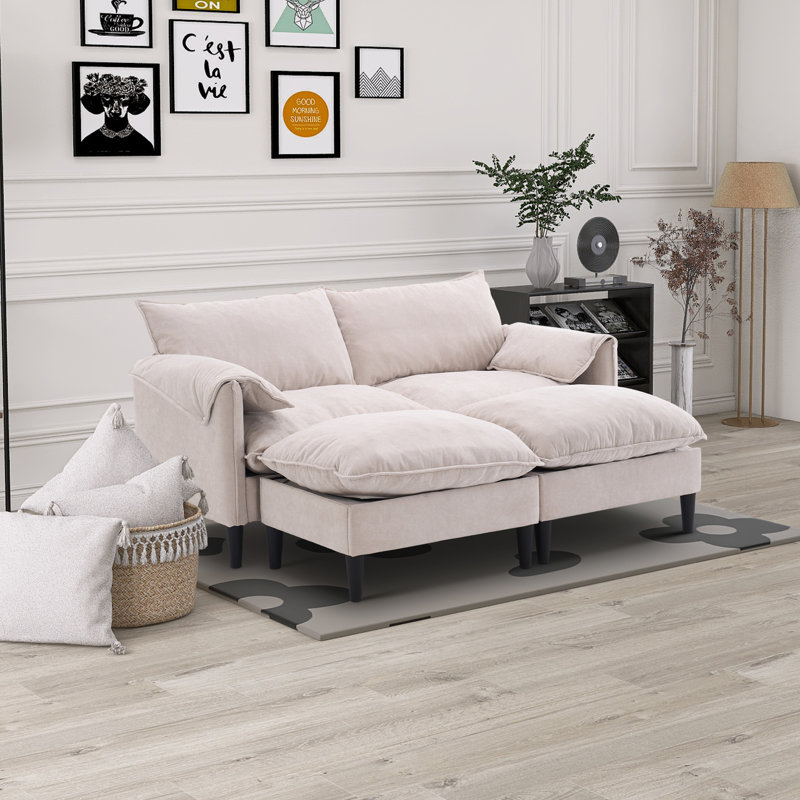 Canapé en chenille 2 places avec deux repose-pieds, Beige