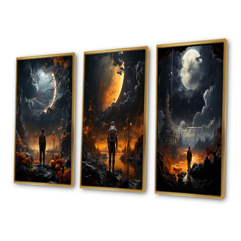 Planète noire «Man Lost Odyssey I», ensemble de 3 reproductions d'art sur toile, Cadre flottant doré, H 32 po x l 48 po