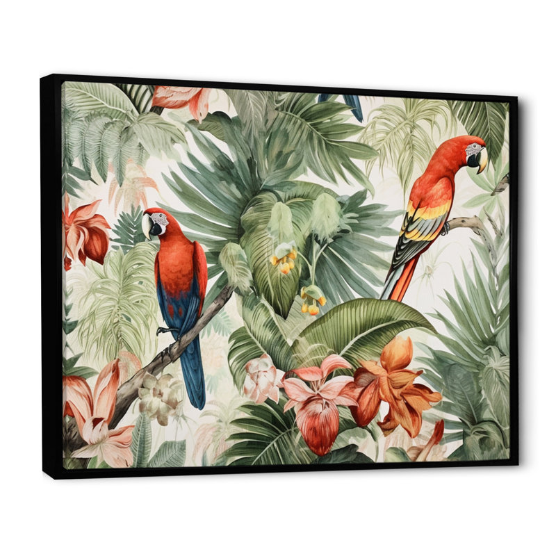 Perroquet au paradis I - art mural perroquet, H 30 po x l 40 po x P 1,5 po, Cadre flottant noir