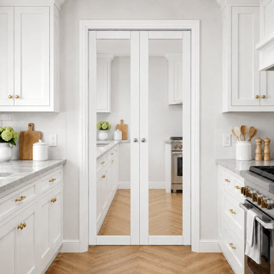 36"x80" 1-Lite White Mirror and Solid Core Pivot door,French Door For Closet Doors With Installation Hardware Kit Idea for interior door option for closet,pantry, bathroom, laundry, living room