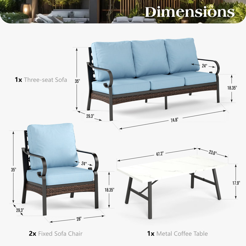 4 Piece Sofa Seating Group With Cushions, Blue