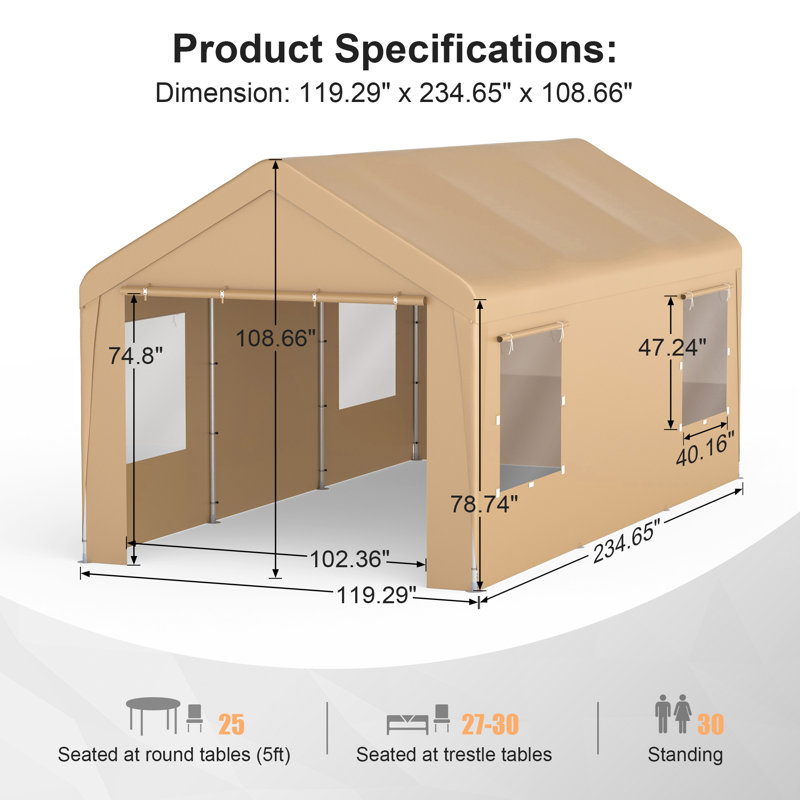 10' x 20' Beige Portable Carport with Windows