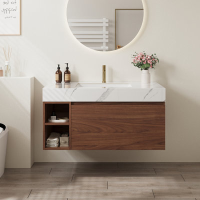 36" Wall-Mounted Wood Brown Bathroom Vanity with Sintered Stone Countertop & Undermount Ceramic Sink,Modern White Floating Bathroom Cabinet