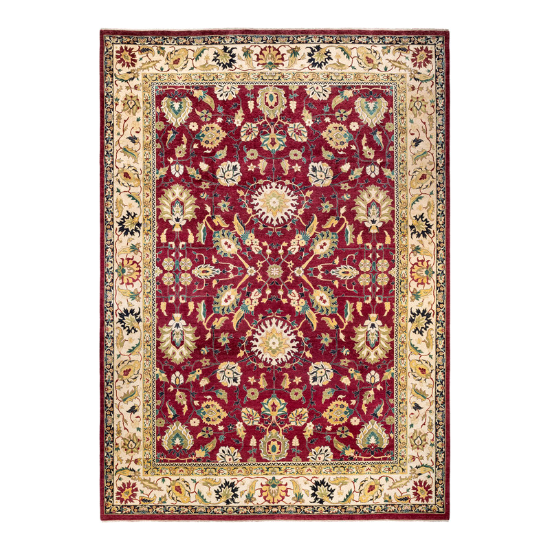 Tapis rose / vert / ivoire en laine nouée à la main de conception unique 10 pi 1 po x 14 pi 5 po Keenan