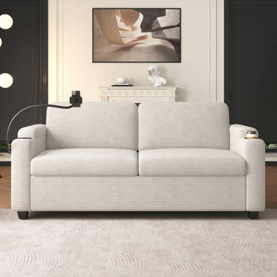 72.8" Corduroy Sleeper Sofa Loveseat Sofa With Full Size Mattress, Two Usb Ports, Two Cup Holders, Two Side Pockets And A Phone Holder For Living Room