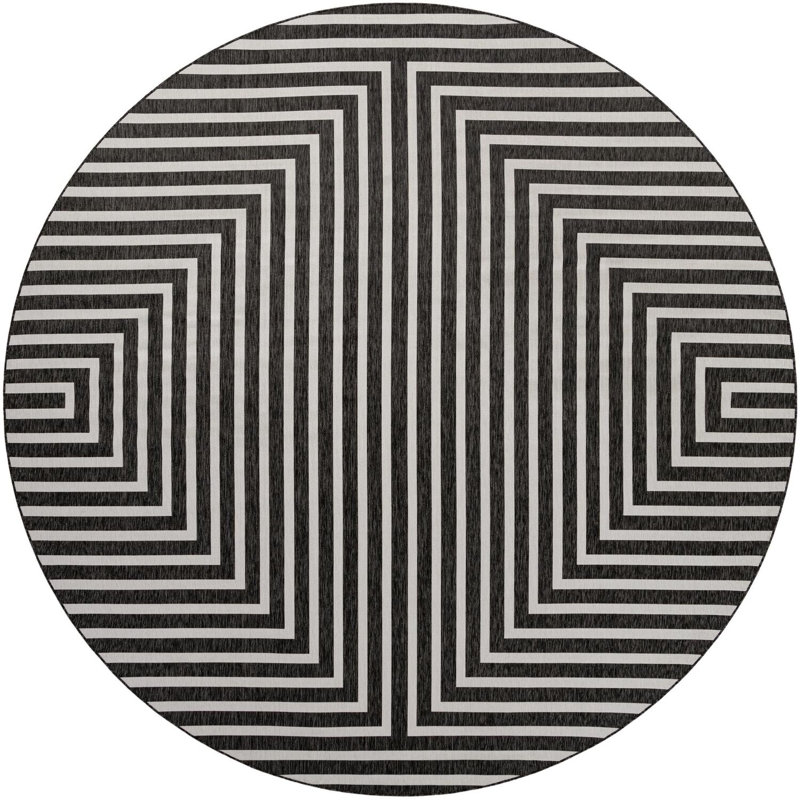 Tapis contemporain noir et blanc Odawa, Rond 13 pi 1 po