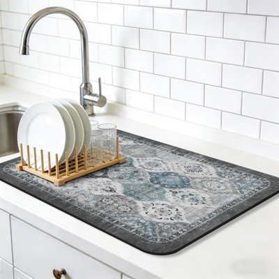 Tapis de séchage de style bohémien rétro pour comptoir de cuisine, très grand tapis de vaisselle de 16 x 24 pouces, tapis de comptoir de cuisine super absorbant, tapis de bar rustique Farmhouse Aesthetic