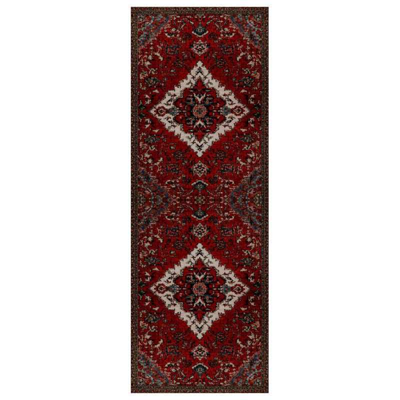 Guria Burgundy Oriental Vintage Look Machine Printed Cotton Chenille Area Rug, Runner 6'7" x 14'10"