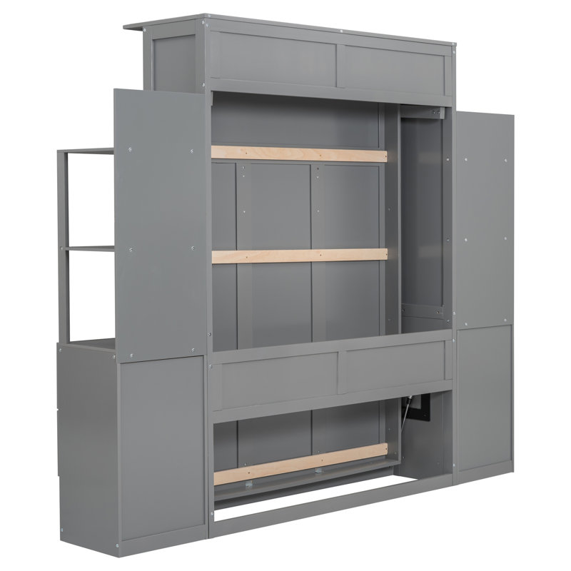 Lit double avec support pour matelas et tiroirs, gris - Gain de place pour les petits espaces