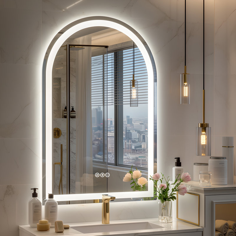 UL Certified Front&Backlit LED Bathroom Arched Mirror with Dimmable 3-Color Lighting & Anti-Fog Function, 38" x 28"