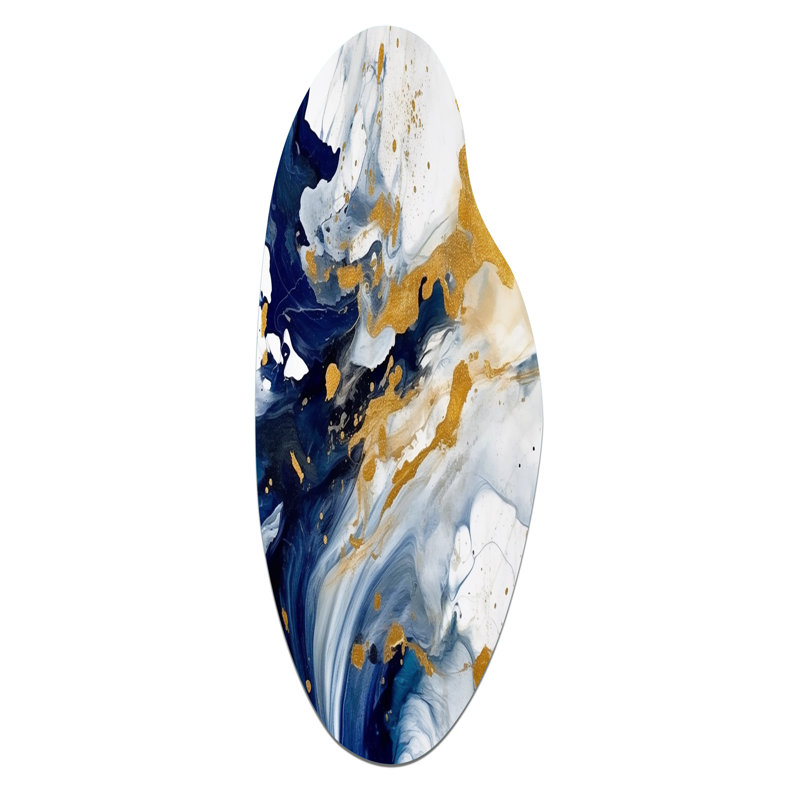 Dark Blue and Gold Strokes XXIII - Fractals Curved Metal Wall Decor, Modern Asymmetrical Metal Art Print