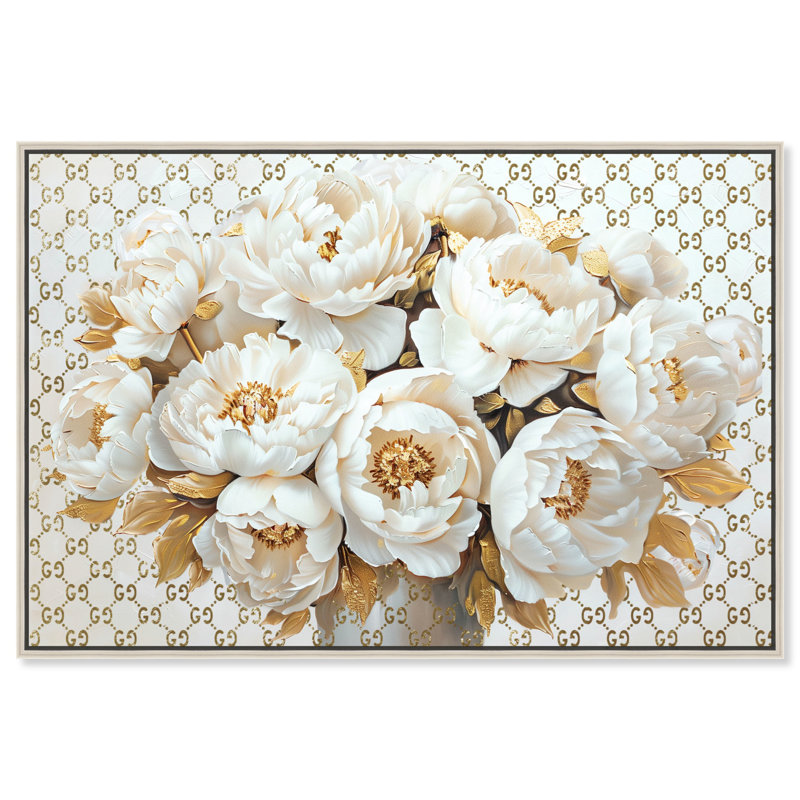 Art floral sur toile, arrangement floral doré par Art Remedy, Cadre argenté, H 37 po x l 55 po