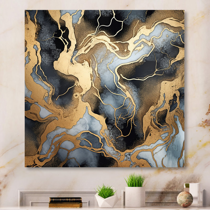 Or et marbre gris scintillant Galaxies III - impression d'art mural fractal en métal, H 16 po x l 16 po