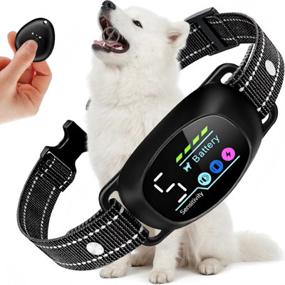Remote-operated barking and static training for dogs weighing 8-150 lb is available with this collar, offering beep, vibration, and static modes.