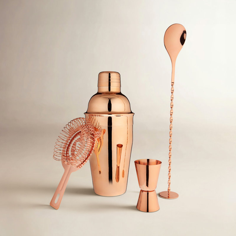 L'ensemble de bar véritable en acier inoxydable comprend un shaker, une cuillère, un jigger, une crépine Hawthorne et une boisson