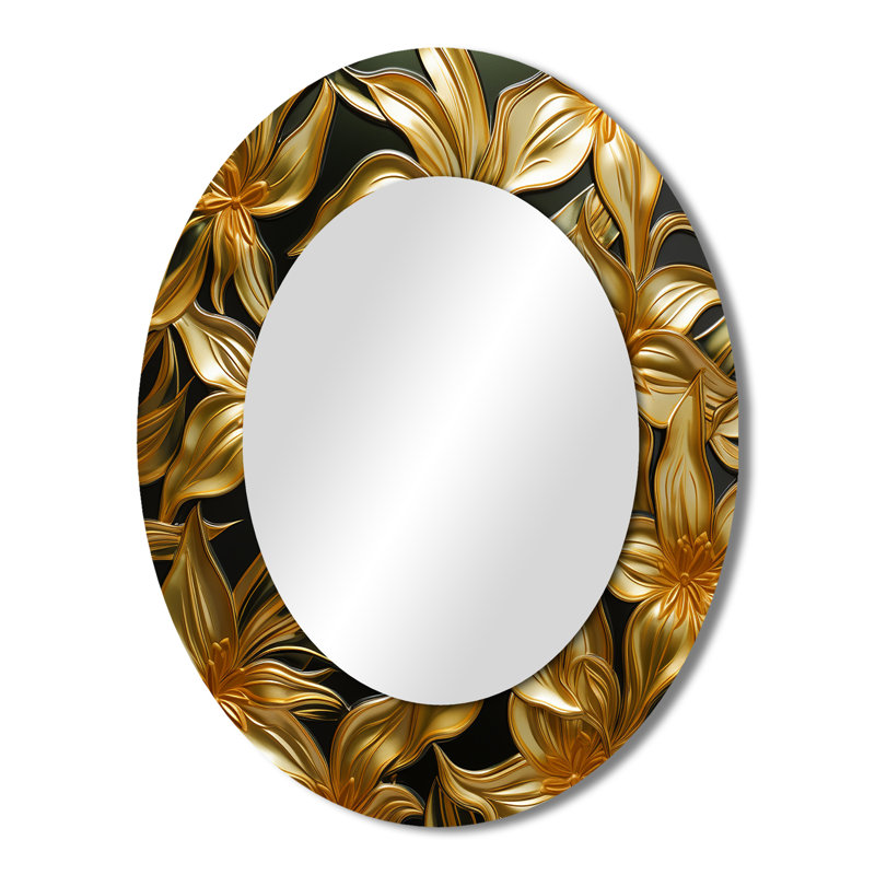Golden Lily Flower Glam On Black IV - Floral Oval Decorative Mirror On Metal, 43" x 33"