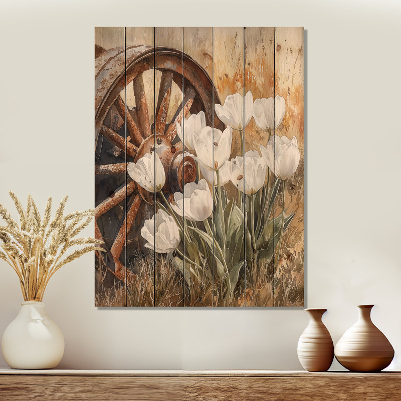 Tulipes par la roue du chariot II - décoration murale en bois de tulipes - sur bois de pin naturel