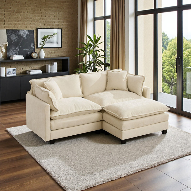 Geneveve 78"W Chenille Upholstered Loveseat Sofa With Ottoman, 4 Compressed Pillows & Compressed Foam Cushions, Beige