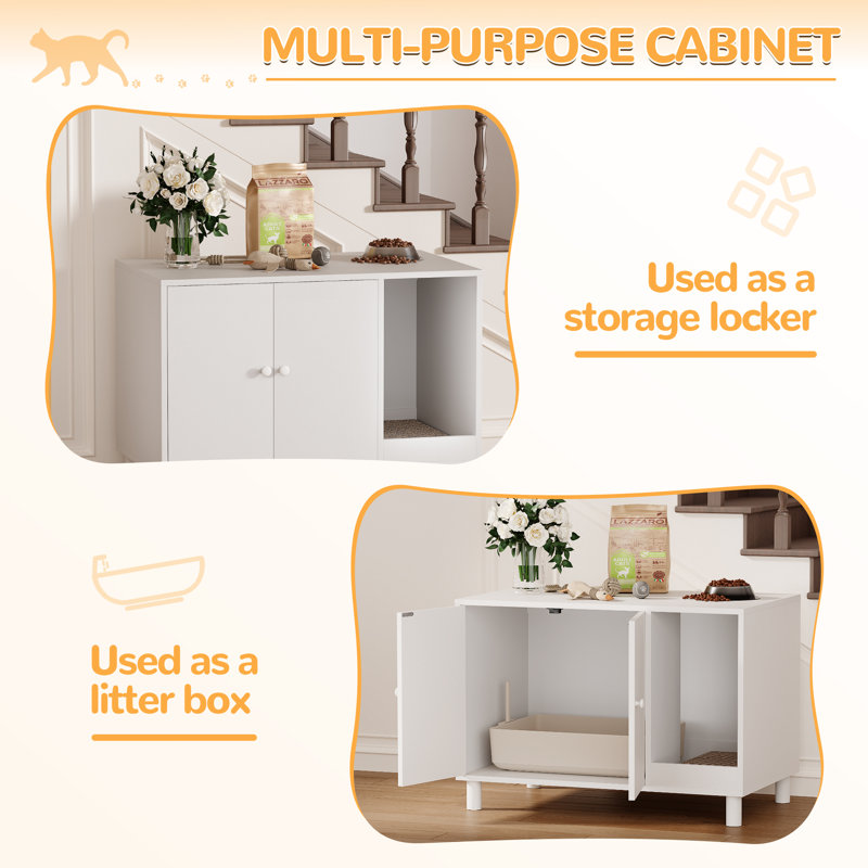 Modern Cat Litter Box Enclosure With Cat Scratching Board, Hidden Cat Litter Box Furniture Storage Cabinet, White