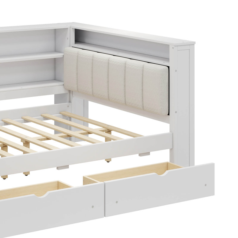 Wood Full Size Platform Bed With Storage Units, Drawers, Charging Port, LED Light, Desk, White/Beige