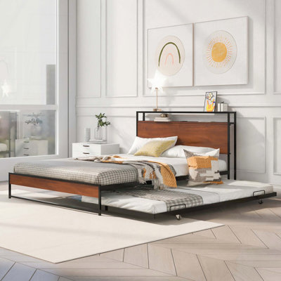 Queen Size Metal Platform Bed with Trundle and USB Ports