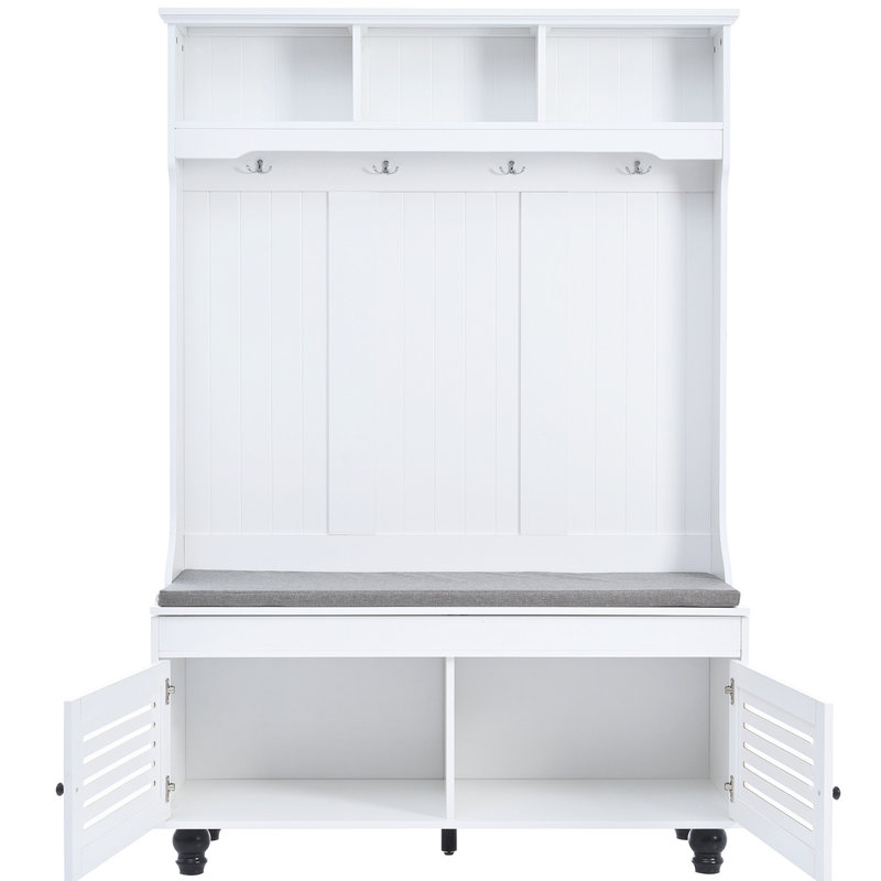 Hall Tree with Bench,Entryway Coat and Shoe Storage,Shoe Storage Bench,Coat Rack with ith Hooks, White