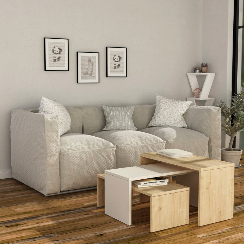 Paris 3 Piece Nest of Coffee Tables Set, Oak/White