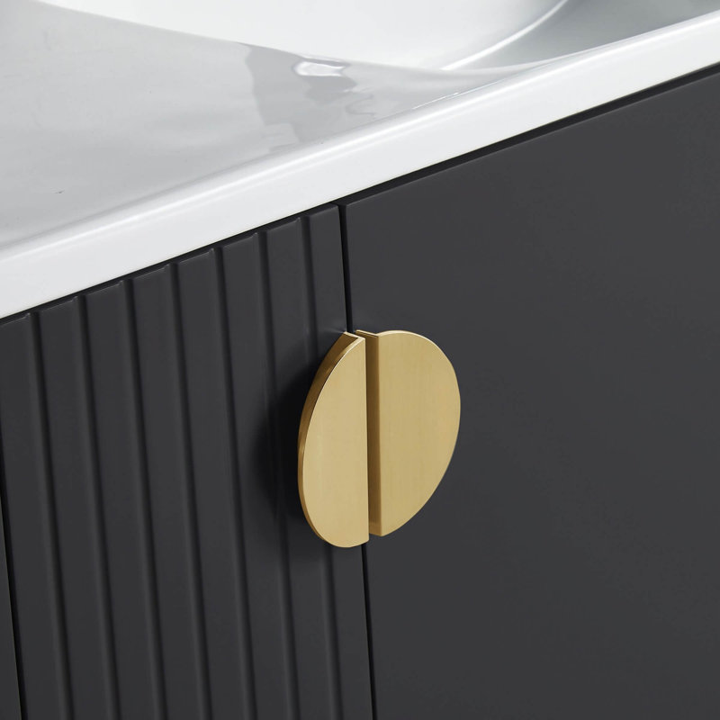 Saimah 24'' Single Bathroom Vanity with Ceramic Top, Satin Brass, Black