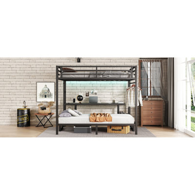 Queen Over Twin XL Metal Bunk Bed/Loft Bed With Desk And Shelves, Multiple Uses Folds Into Sofa With LED And USB, Black