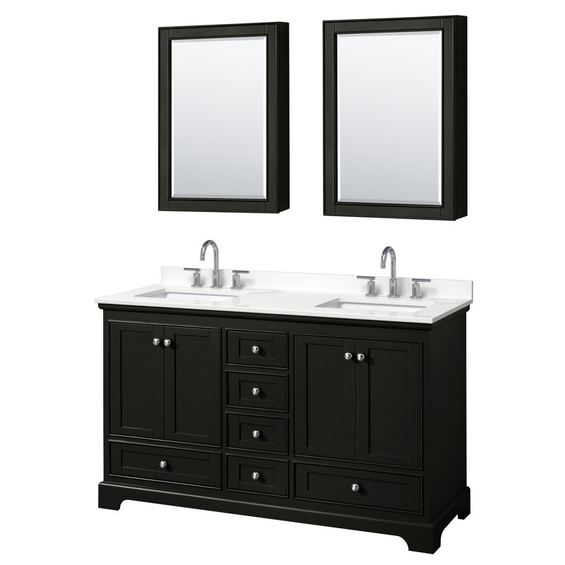 Ensemble de meuble-lavabo double autoportant 60 po avec plateau en quartz Deborah, WDX13506, Chrome poli, Espresso foncé