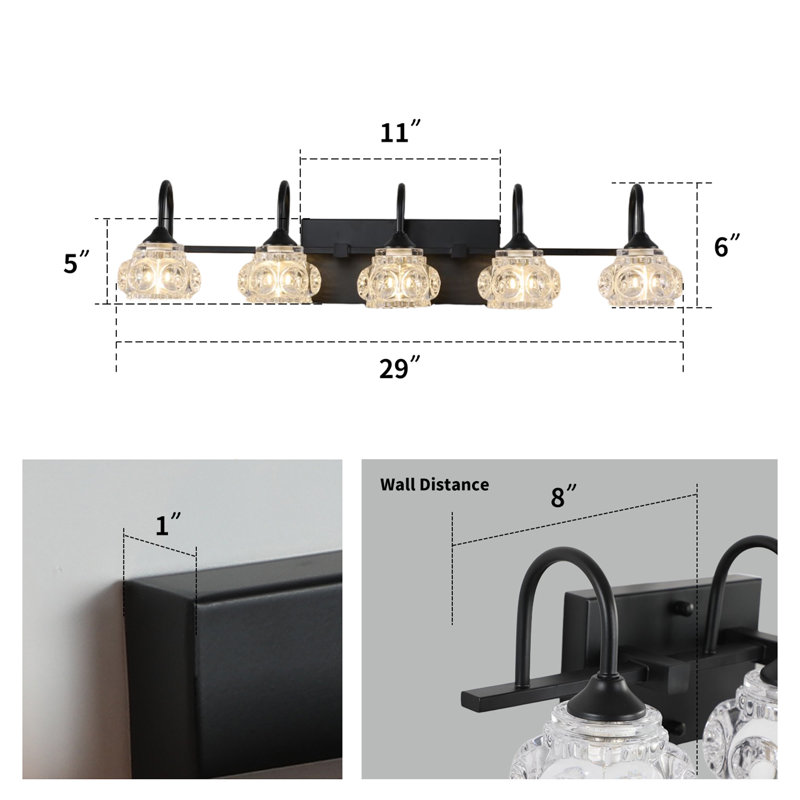 Éclairage pour salle de bain 29 po à 5 lumières noir mat et métal avec abat-jour en verre transparent pour la salle de bain (ampoules non incluses)