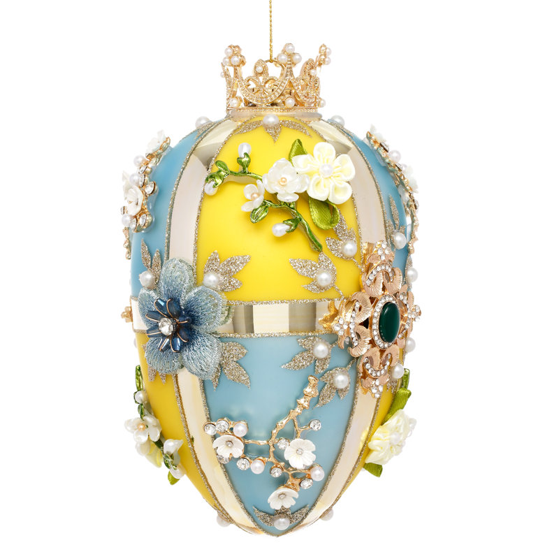 Faberge Jewel Egg Ornament, Blue Yellow, Quatro - 7 Inches