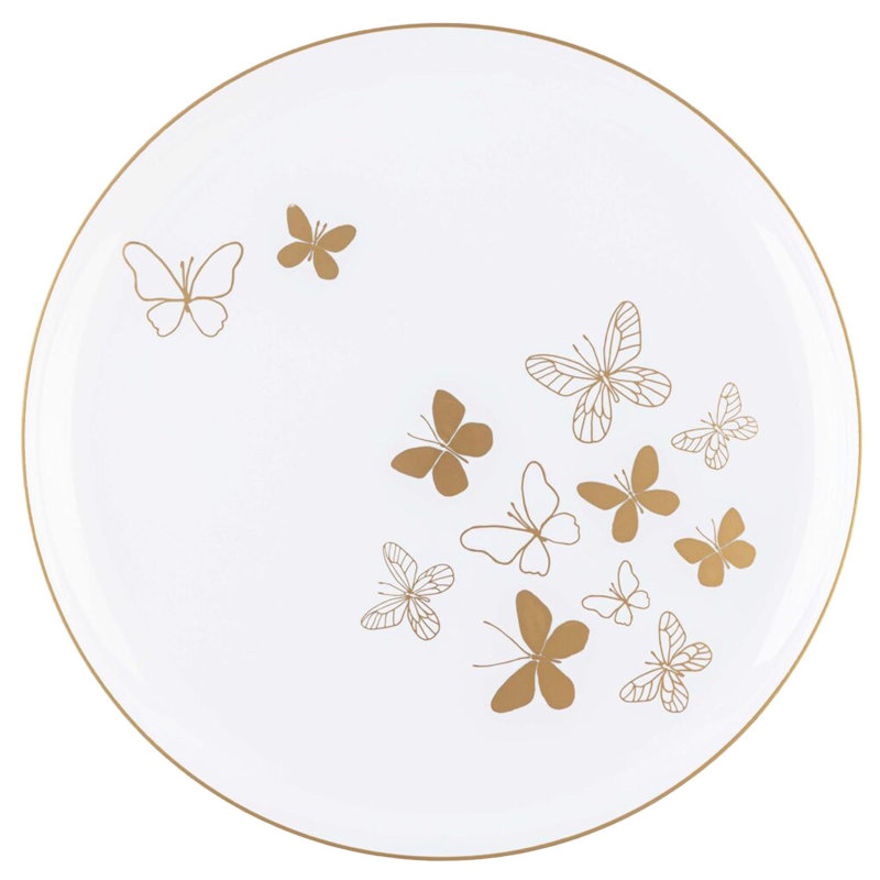 Assiettes en plastique blanches rondes 10,6 pouces Ecoqualité avec motif papillon doré pour 100 invités