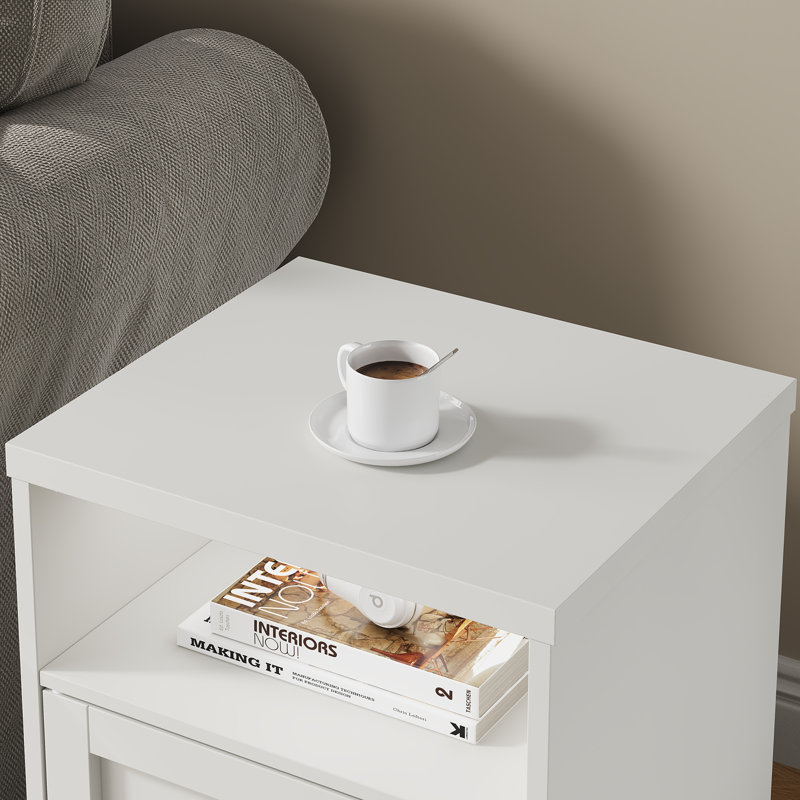 Table de chevet moderne avec porte et tablette ouverte, ensemble de 2, Blanc