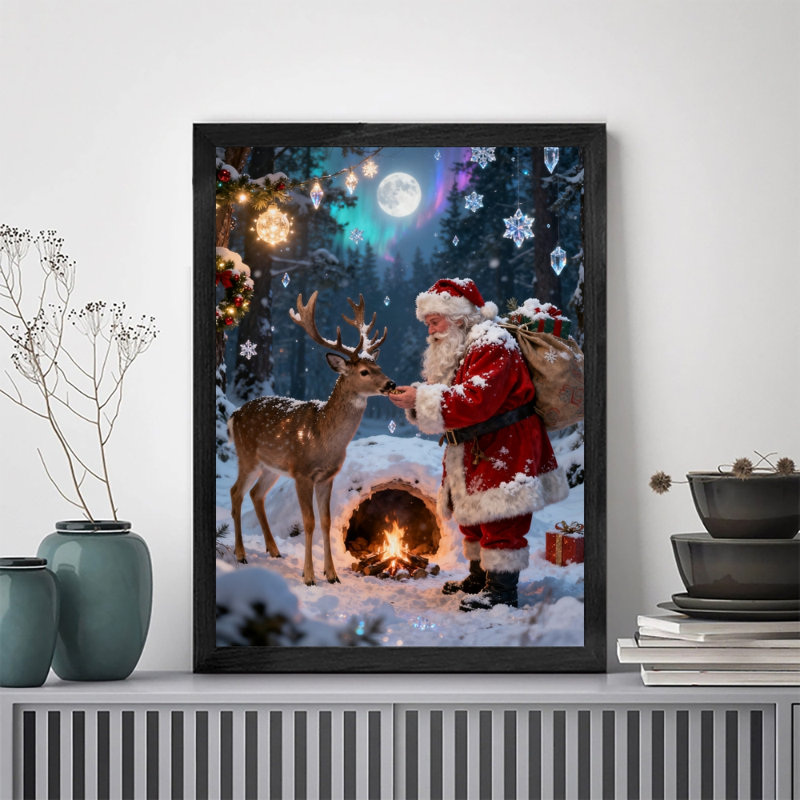 Père Noël rétro noir encadré avec art mural de style rétro, H 11 po x l 9 po