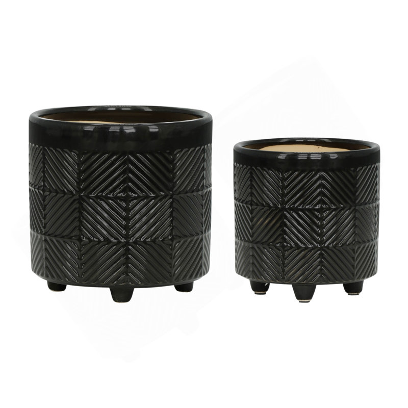 S/2 6/8" TEXTURED PLANTERS, SHINY BLACK, Black