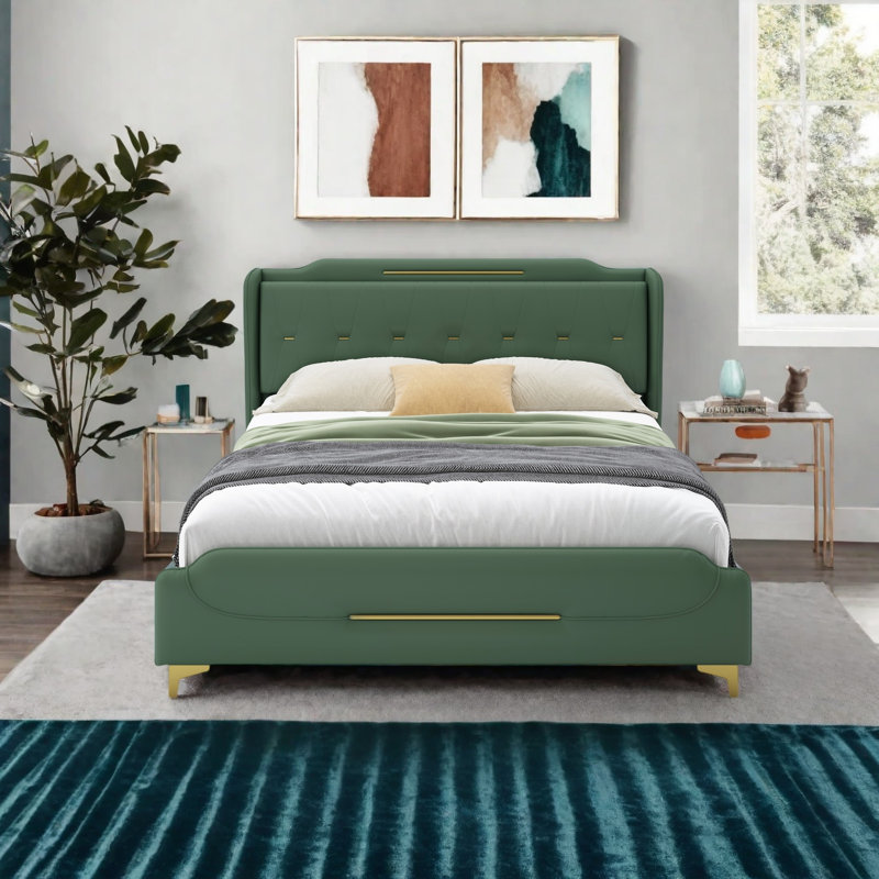 Kaneaki Faux Leather Upholstered Bed, Green, Queen