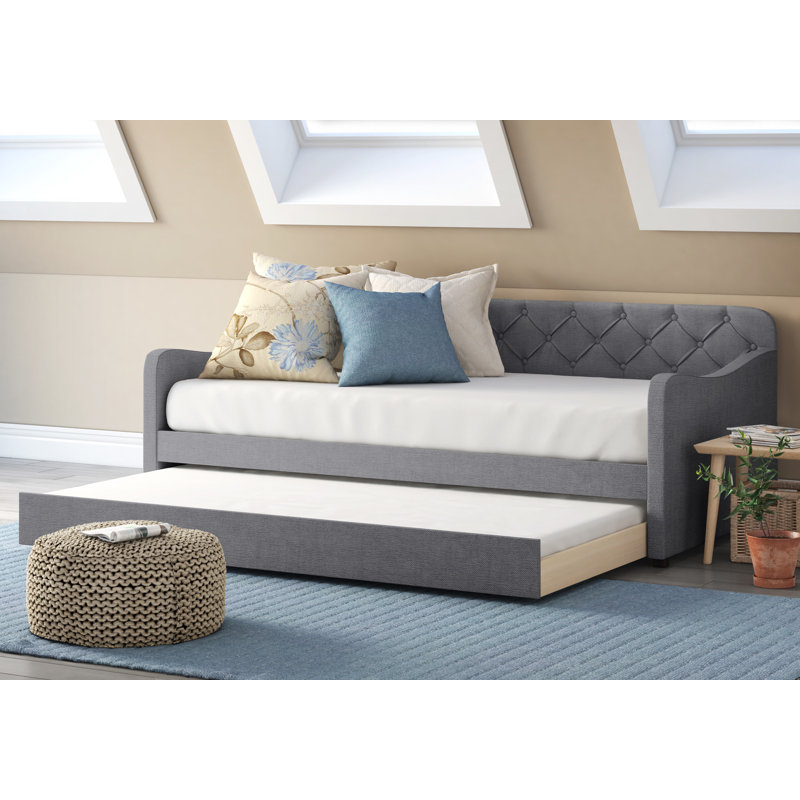 Dark Gray Twin Upholstered Tufted Daybed with Trundle