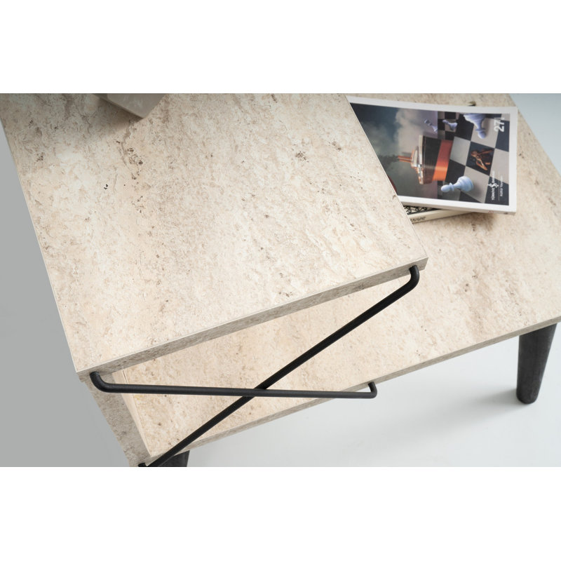 Modern Nightstand with Beech Legs, Travertine and Black, 19.7 x 21.7 x 15.7 inches | 100% Melamine Coated Particle Board, Thickness: 0.7 inches | Multiple Shelves for Storage, Stylish and Functional Bedroom Furniture