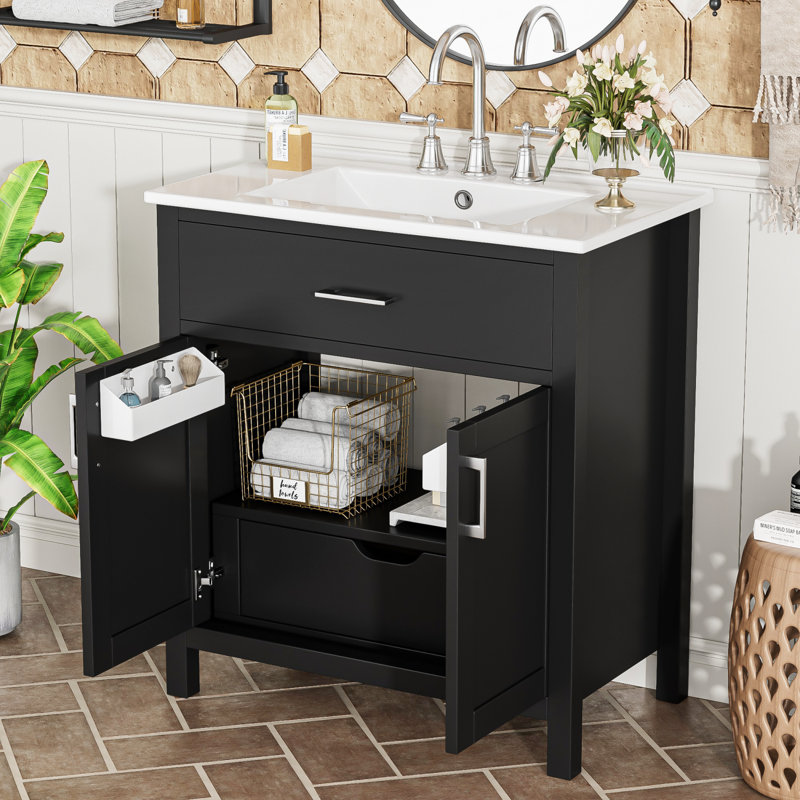 Meuble-lavabo de 30 pouces avec lavabo et rangement en céramique, Noir